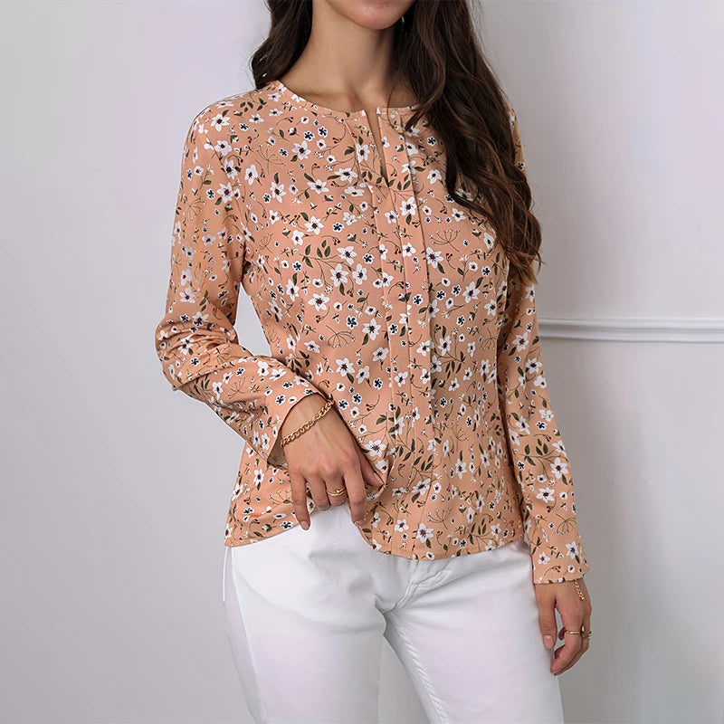 2024 Women's shirt small floral print design round neck fashion long sleeve shirt summer and autumn breathable fiber new standar