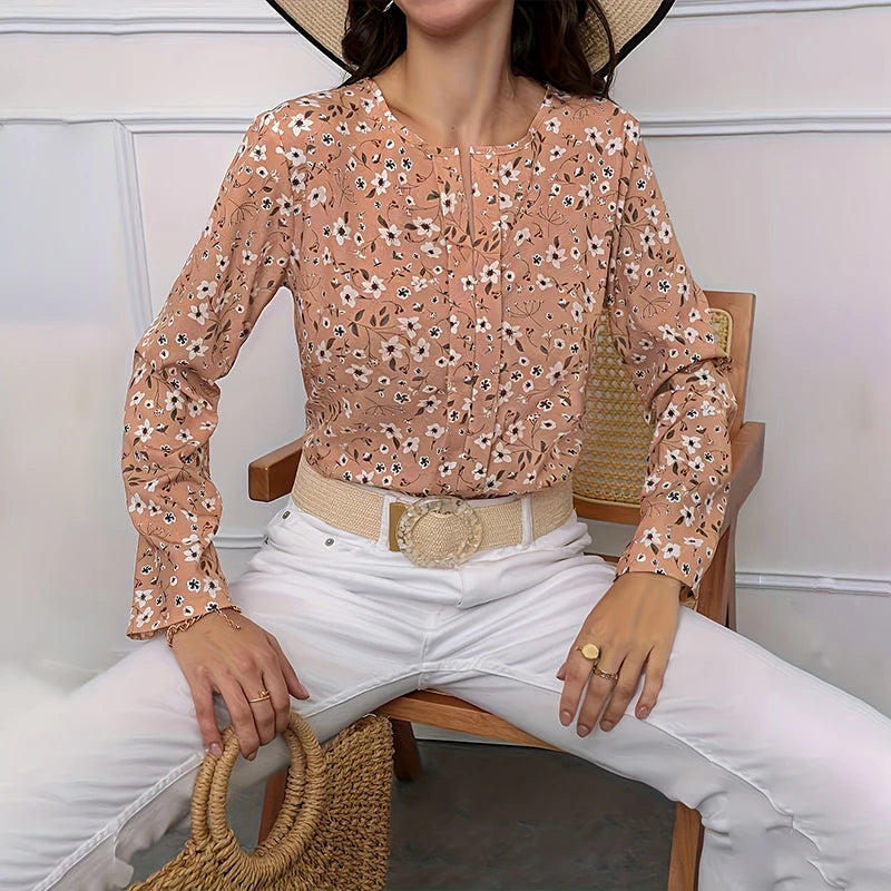 2024 Women's shirt small floral print design round neck fashion long sleeve shirt summer and autumn breathable fiber new standar