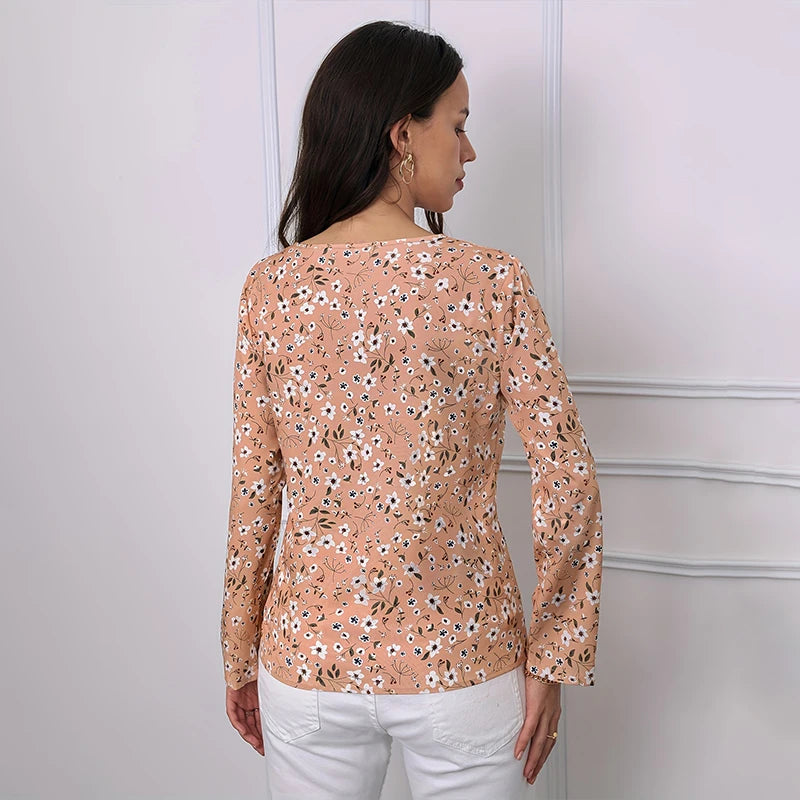 2024 Women's shirt small floral print design round neck fashion long sleeve shirt summer and autumn breathable fiber new standar