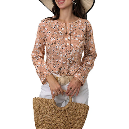 2024 Women's shirt small floral print design round neck fashion long sleeve shirt summer and autumn breathable fiber new standar