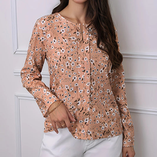 2024 Women's shirt small floral print design round neck fashion long sleeve shirt summer and autumn breathable fiber new standar