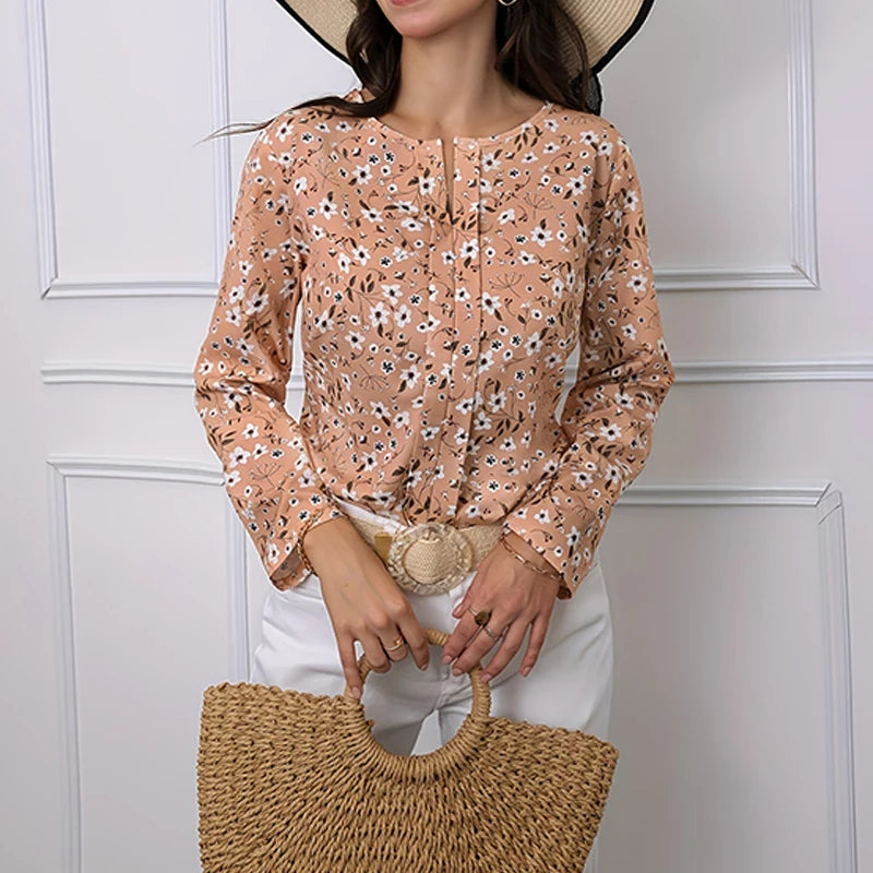 2024 Women's shirt small floral print design round neck fashion long sleeve shirt summer and autumn breathable fiber new standar